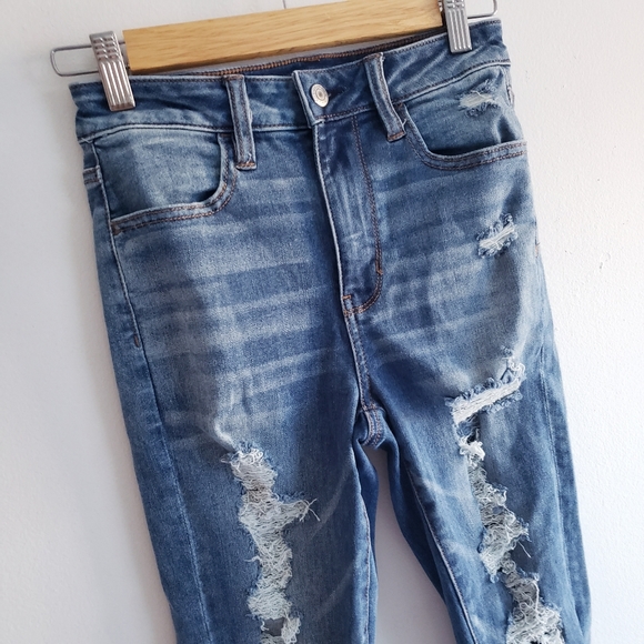 American Eagle Stretch Super High Rise Jegging Jeans Distressed Ripped 2 Short - Picture 4 of 12